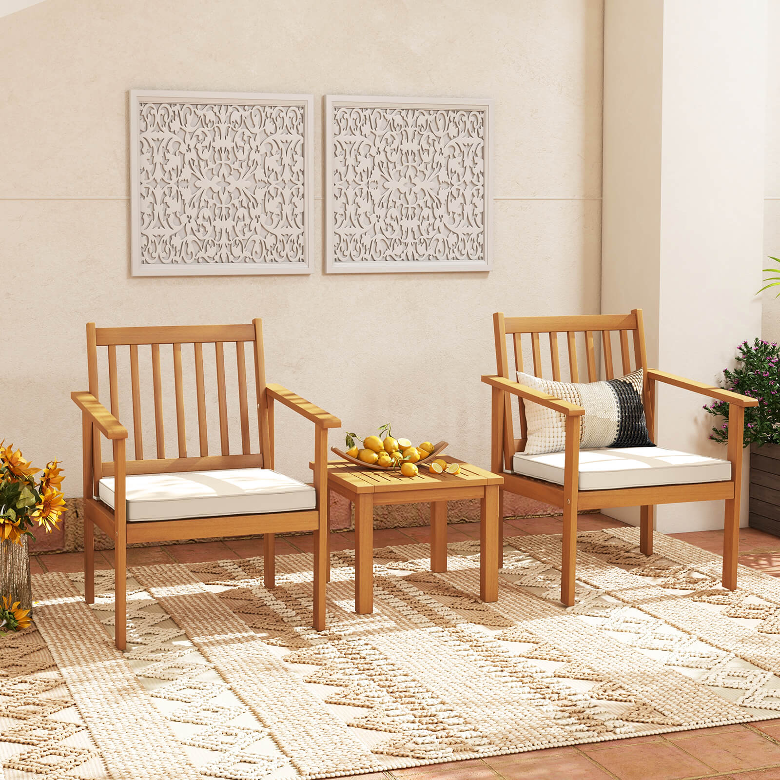 3 Pieces Patio Wood Furniture Set with soft Cushions for Porch, White Patio Conversation Sets   at Gallery Canada