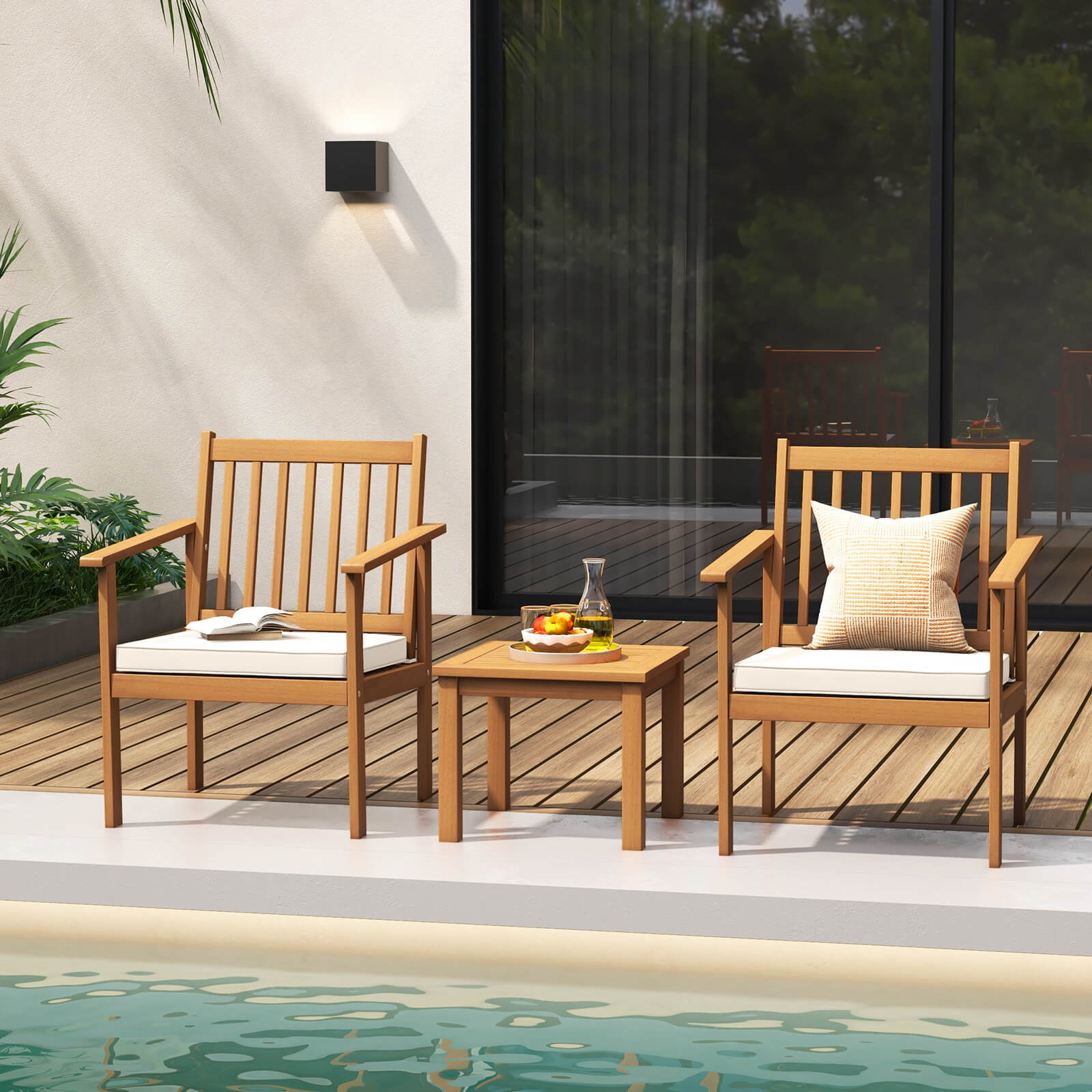 3 Pieces Patio Wood Furniture Set with soft Cushions for Porch, White Patio Conversation Sets   at Gallery Canada