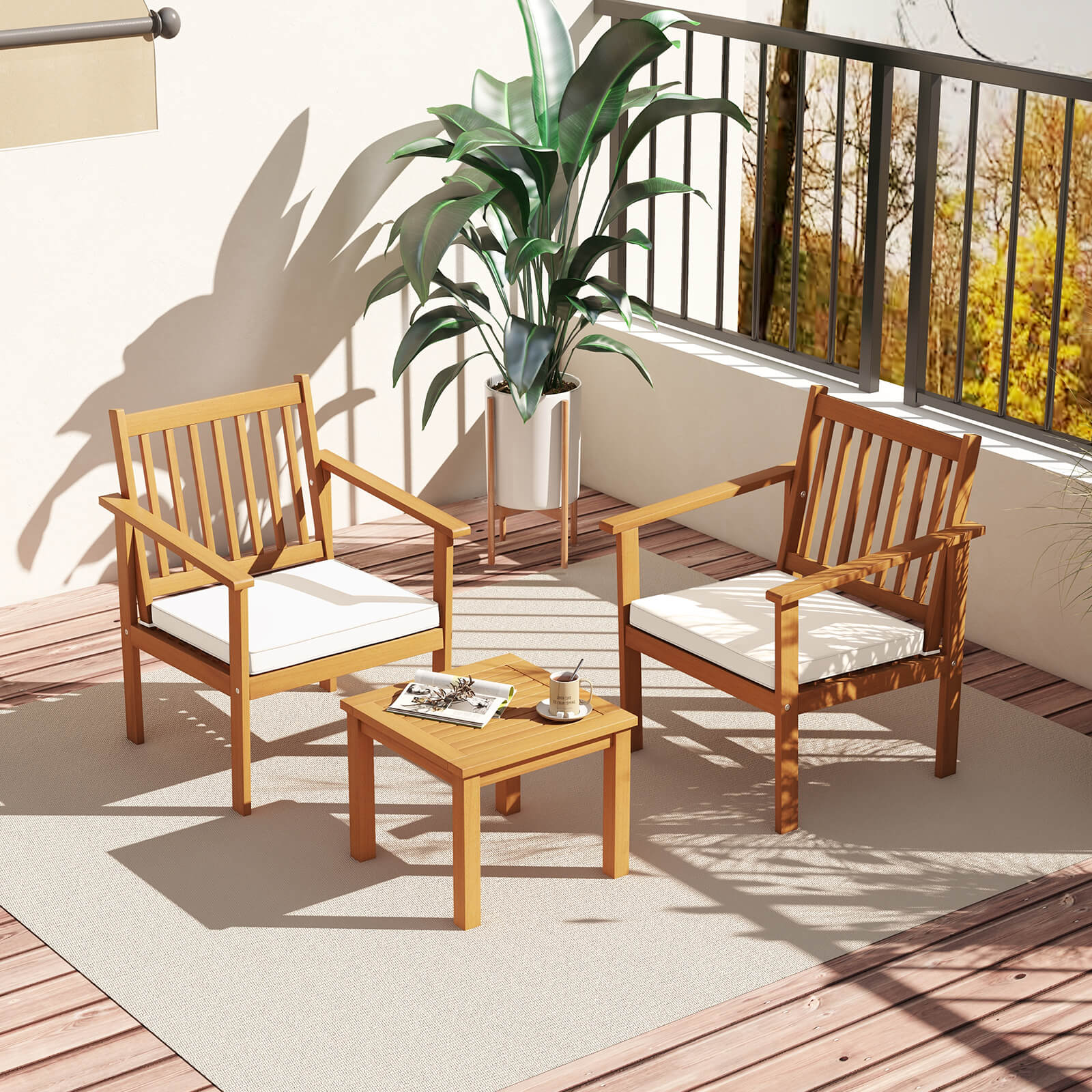 3 Pieces Patio Wood Furniture Set with soft Cushions for Porch, White Patio Conversation Sets   at Gallery Canada