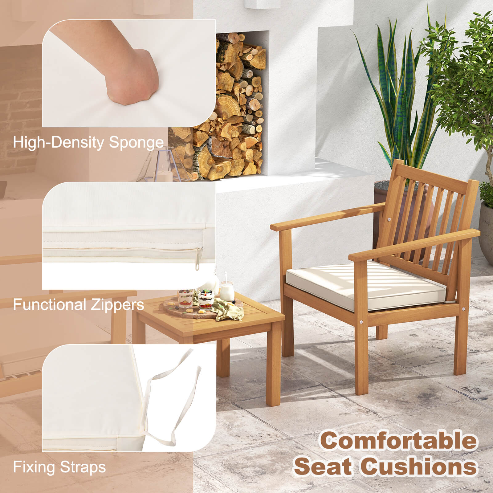 3 Pieces Patio Wood Furniture Set with soft Cushions for Porch, White Patio Conversation Sets   at Gallery Canada