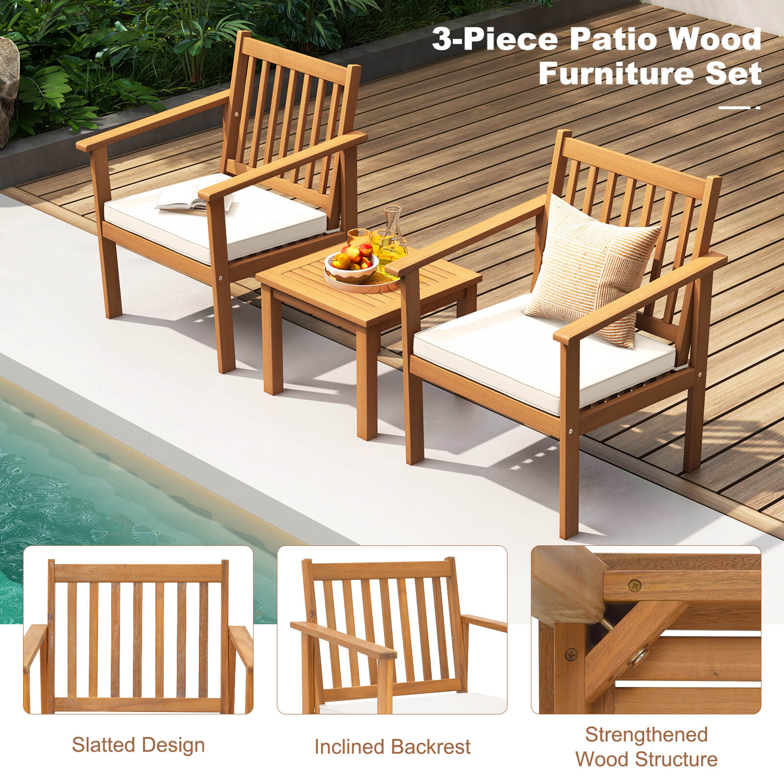 3 Pieces Patio Wood Furniture Set with soft Cushions for Porch, White Patio Conversation Sets   at Gallery Canada