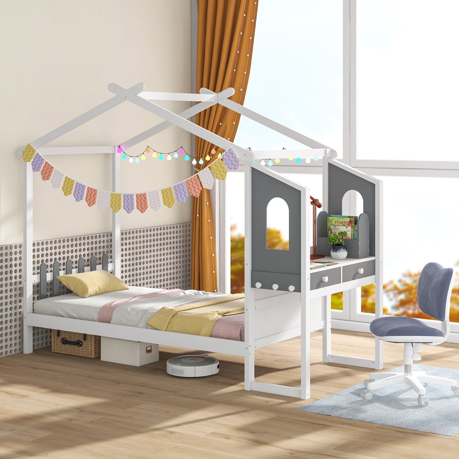 Twin/Full Bed Frame with House Roof Canopy and Fence for Kids-Full Size, White Toddler Beds   at Gallery Canada