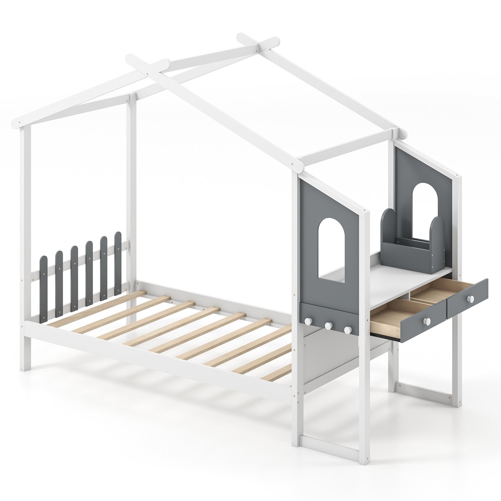 Twin/Full Bed Frame with House Roof Canopy and Fence for Kids-Full Size, White Toddler Beds   at Gallery Canada