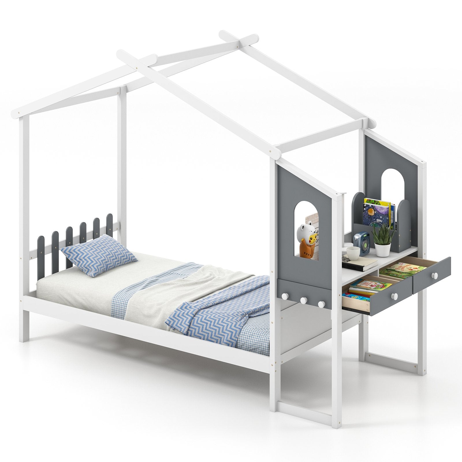 Twin/Full Bed Frame with House Roof Canopy and Fence for Kids-Full Size, White Toddler Beds   at Gallery Canada