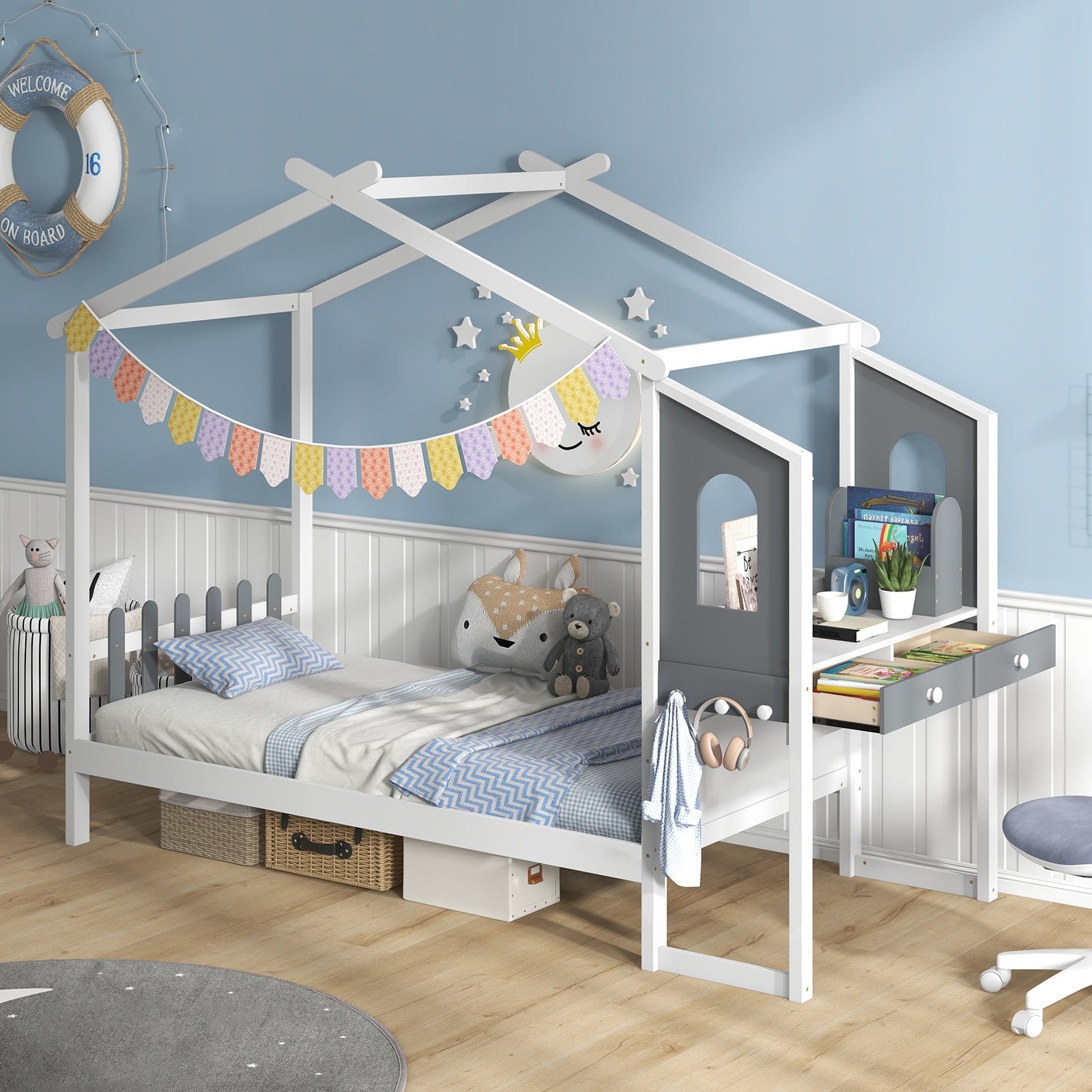 Twin/Full Bed Frame with House Roof Canopy and Fence for Kids-Full Size, White Toddler Beds   at Gallery Canada