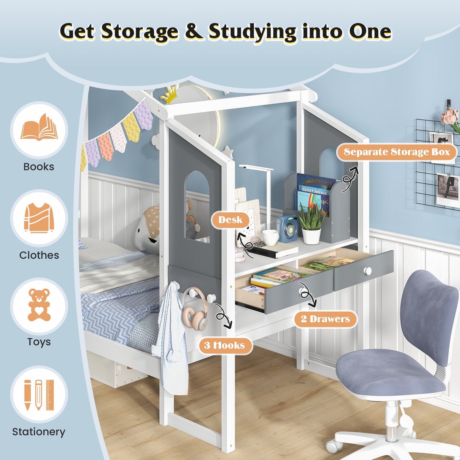 Twin/Full Bed Frame with House Roof Canopy and Fence for Kids-Full Size, White Toddler Beds   at Gallery Canada