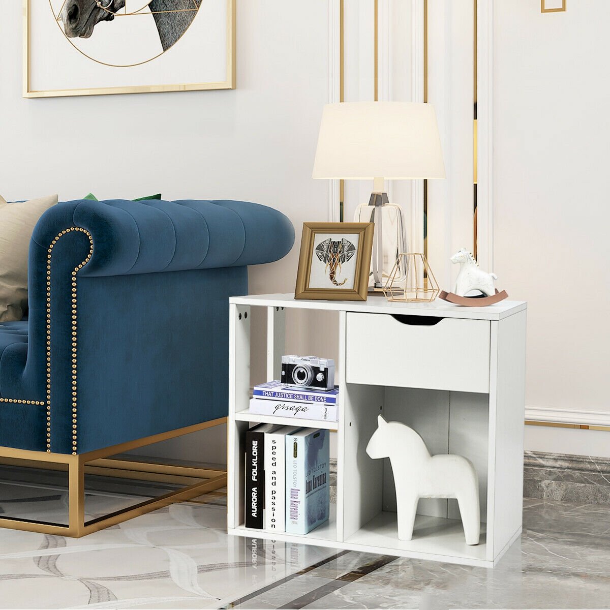 3-Tier Side Table with Storage Shelf and Drawer Space, White End & Side Tables   at Gallery Canada