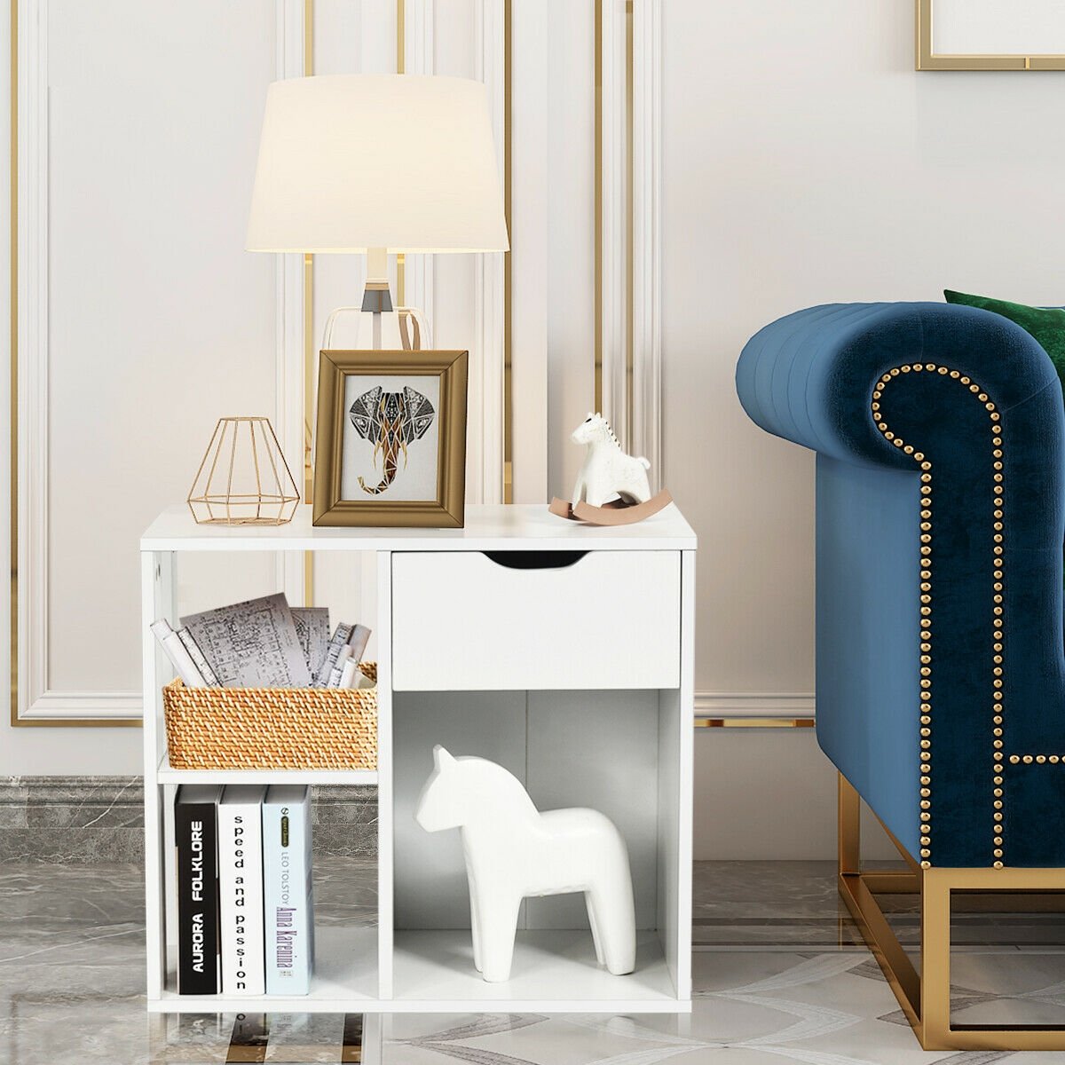 3-Tier Side Table with Storage Shelf and Drawer Space, White - Gallery Canada