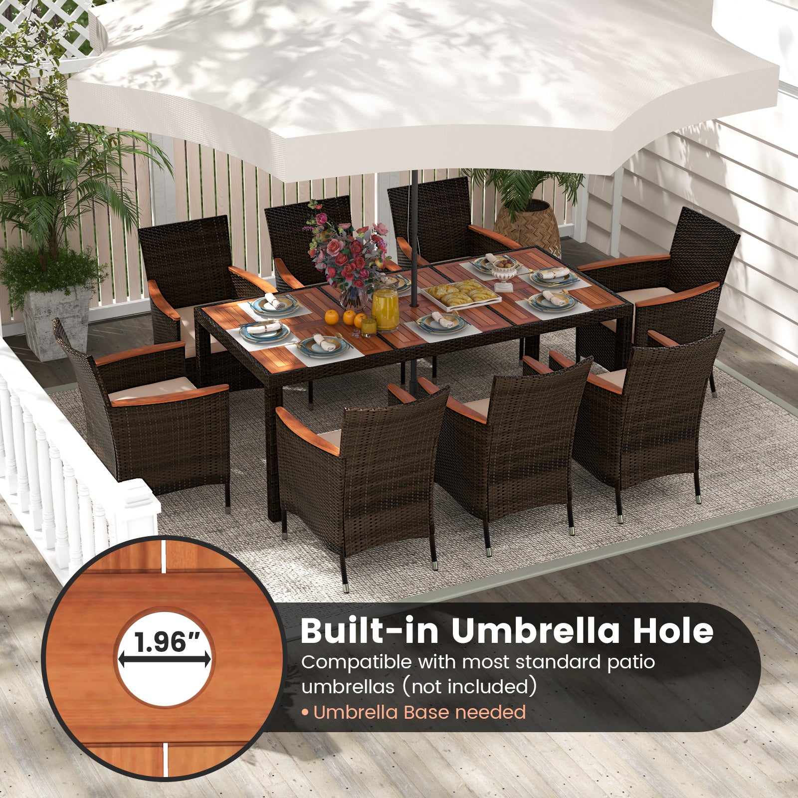 9 Piece Outdoor Dining Set with Umbrella Hole, Brown Patio Dining Sets   at Gallery Canada