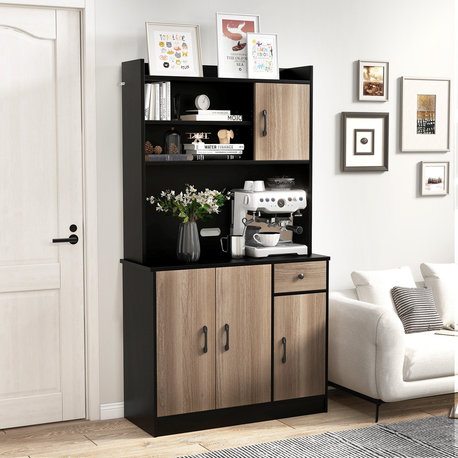 4-Door Freestanding Kitchen Buffet with Hutch and Adjustable Shelves, Black Sideboards Cabinets & Buffets   at Gallery Canada