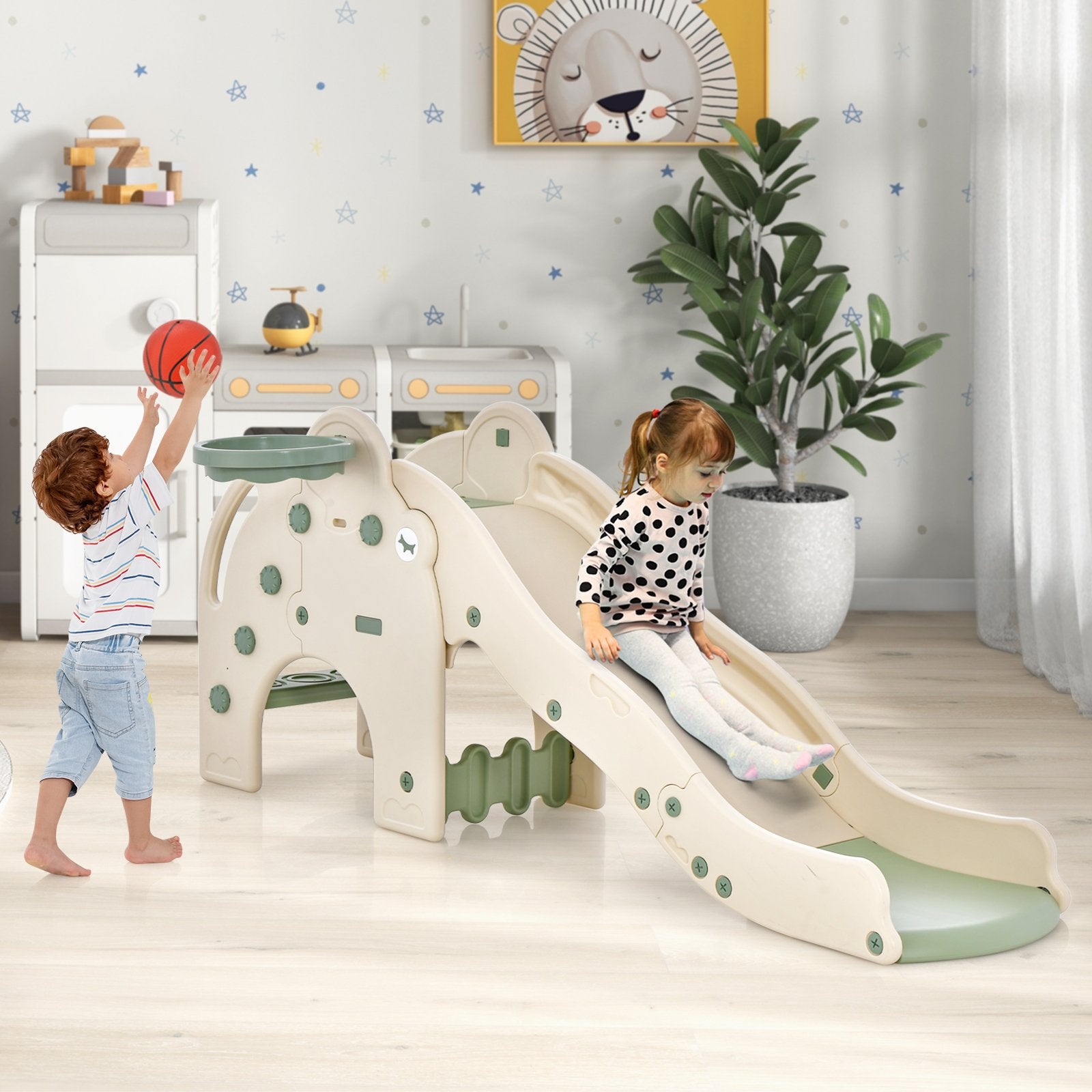 4-in-1 Toddler Slide Kids Play Slide with Cute Elephant Shape, Green Climbers & Slides   at Gallery Canada