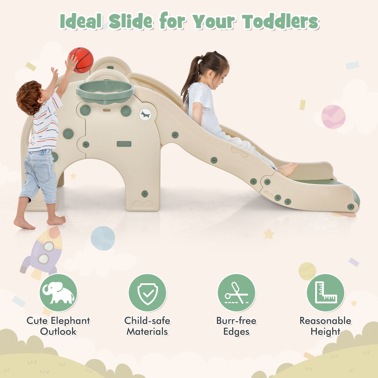 4-in-1 Toddler Slide Kids Play Slide with Cute Elephant Shape, Green Climbers & Slides   at Gallery Canada