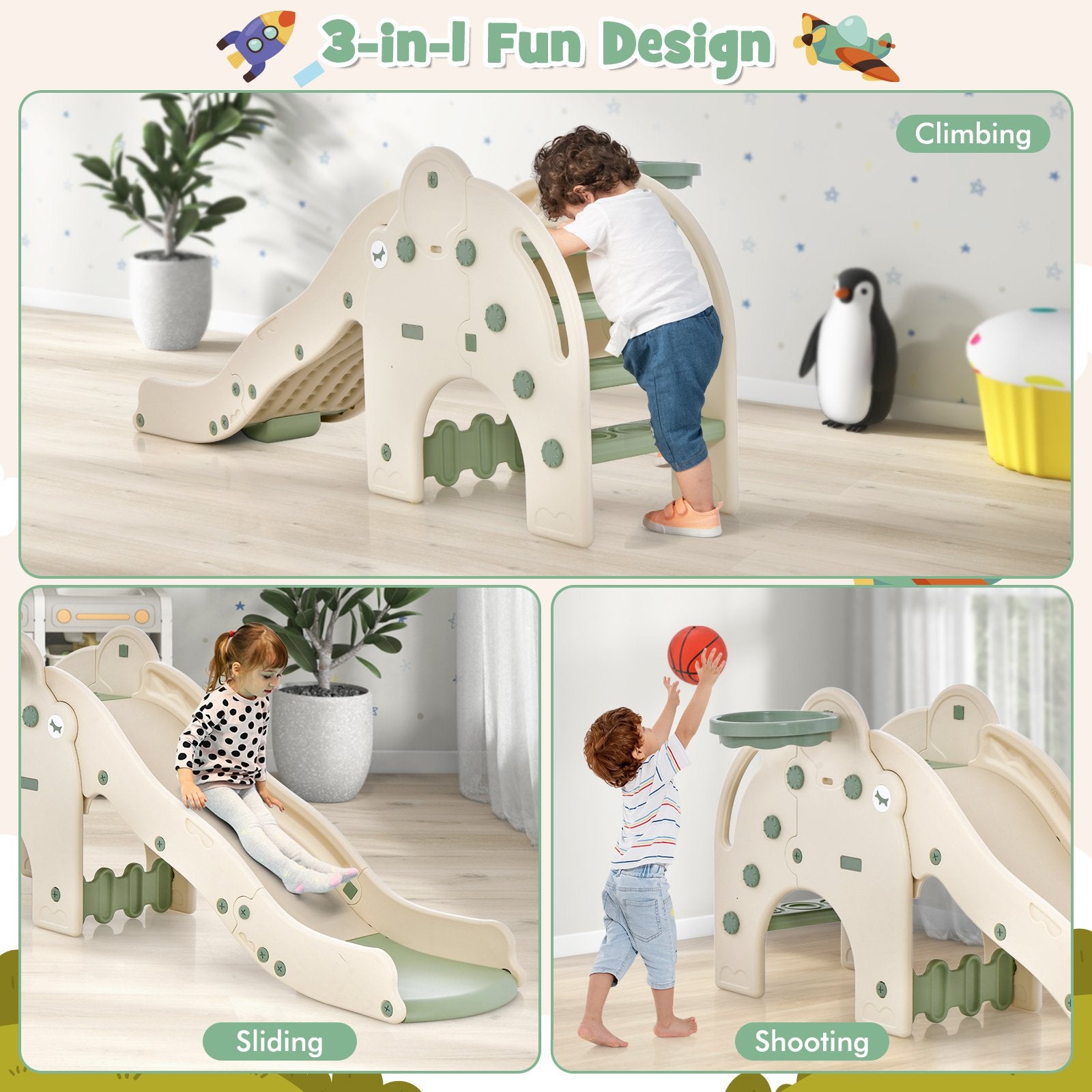 4-in-1 Toddler Slide Kids Play Slide with Cute Elephant Shape, Green Climbers & Slides   at Gallery Canada