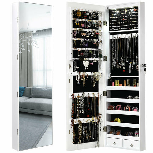 Wall and Door Mounted Mirrored Jewelry Cabinet With Lights, White