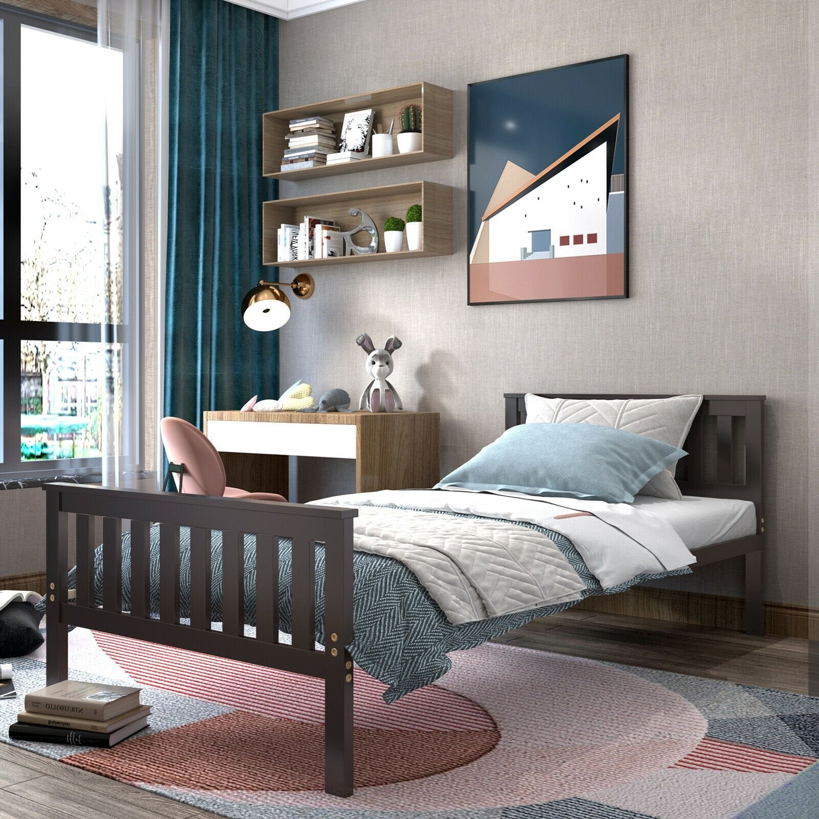 Twin Size Wood Platform Bed with Headboard, Espresso Simple Bed Frame   at Gallery Canada