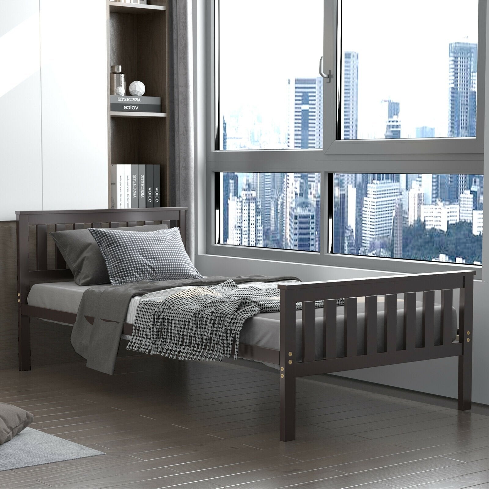 Twin Size Wood Platform Bed with Headboard, Espresso Simple Bed Frame   at Gallery Canada