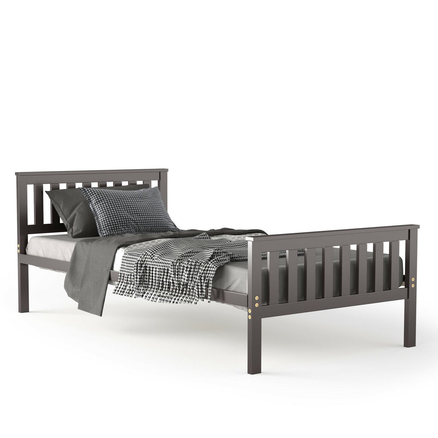 Twin Size Wood Platform Bed with Headboard, Espresso Simple Bed Frame   at Gallery Canada