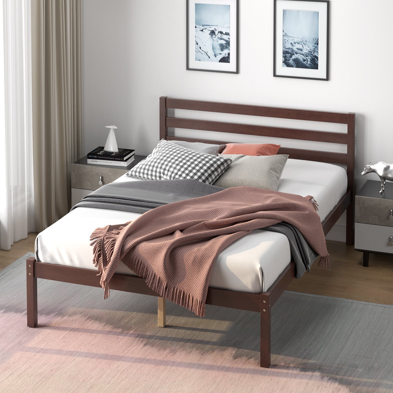 Twin Size Wood Platform Bed Frame with Headboard, Espresso Simple Bed Frame   at Gallery Canada