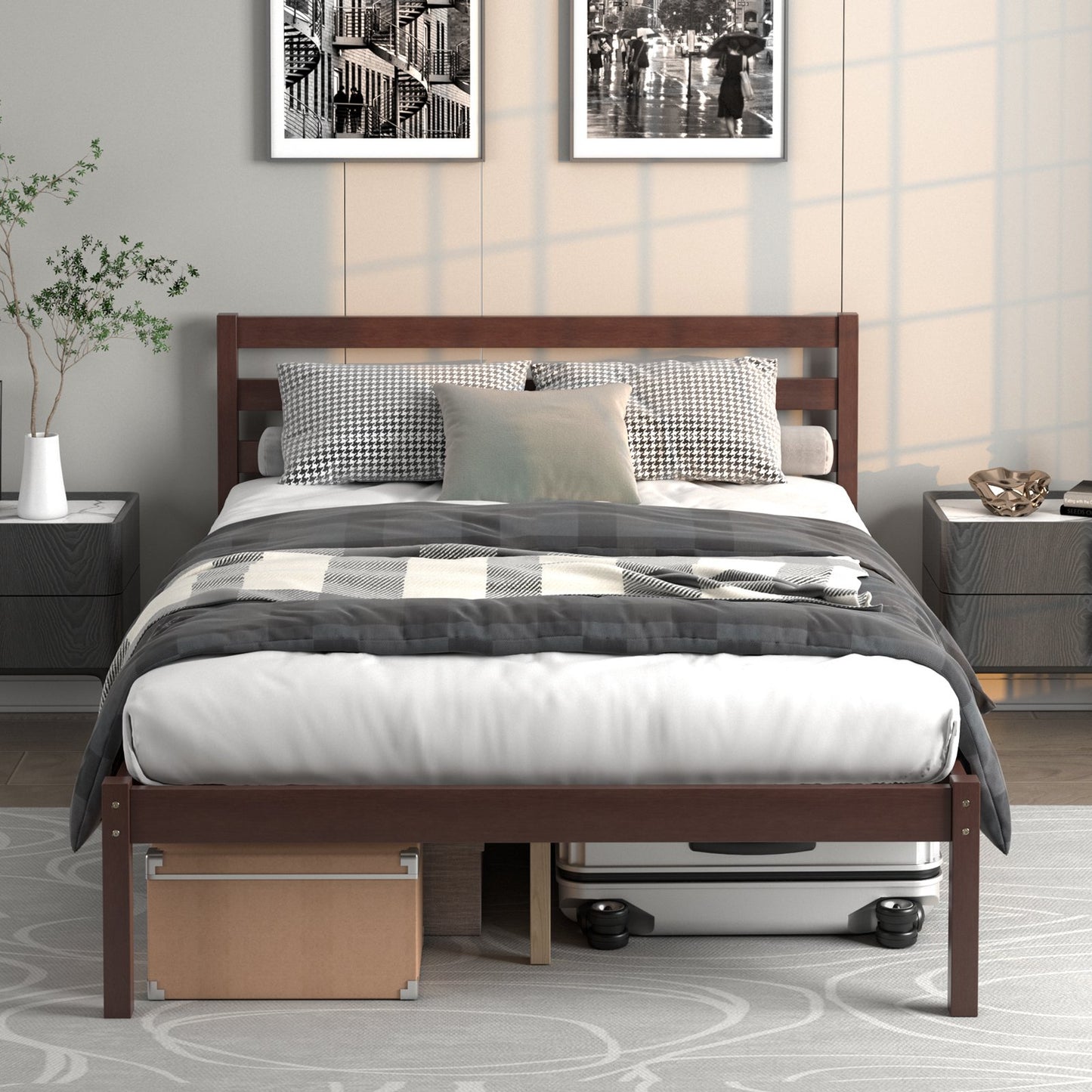 Twin Size Wood Platform Bed Frame with Headboard, Espresso Simple Bed Frame   at Gallery Canada