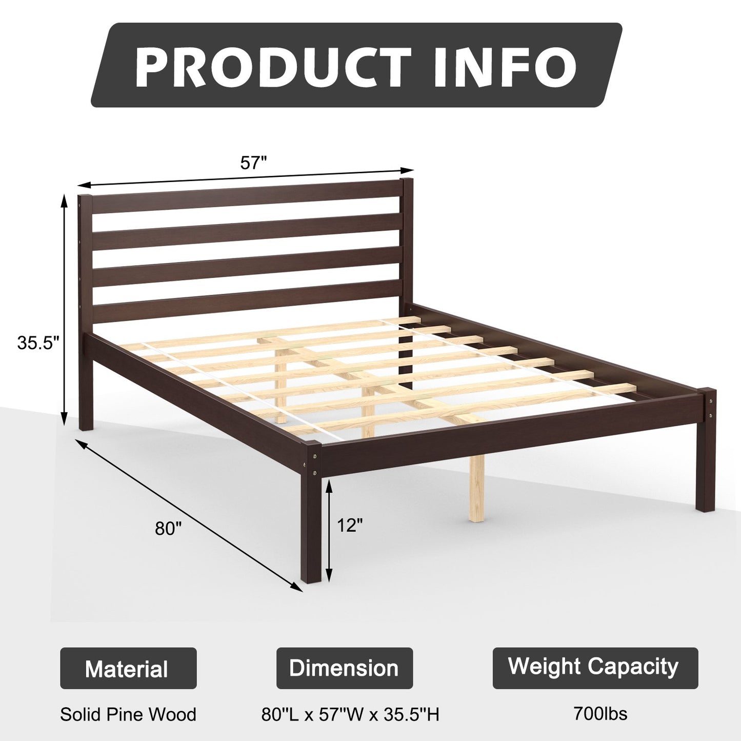 Twin Size Wood Platform Bed Frame with Headboard, Espresso Simple Bed Frame   at Gallery Canada