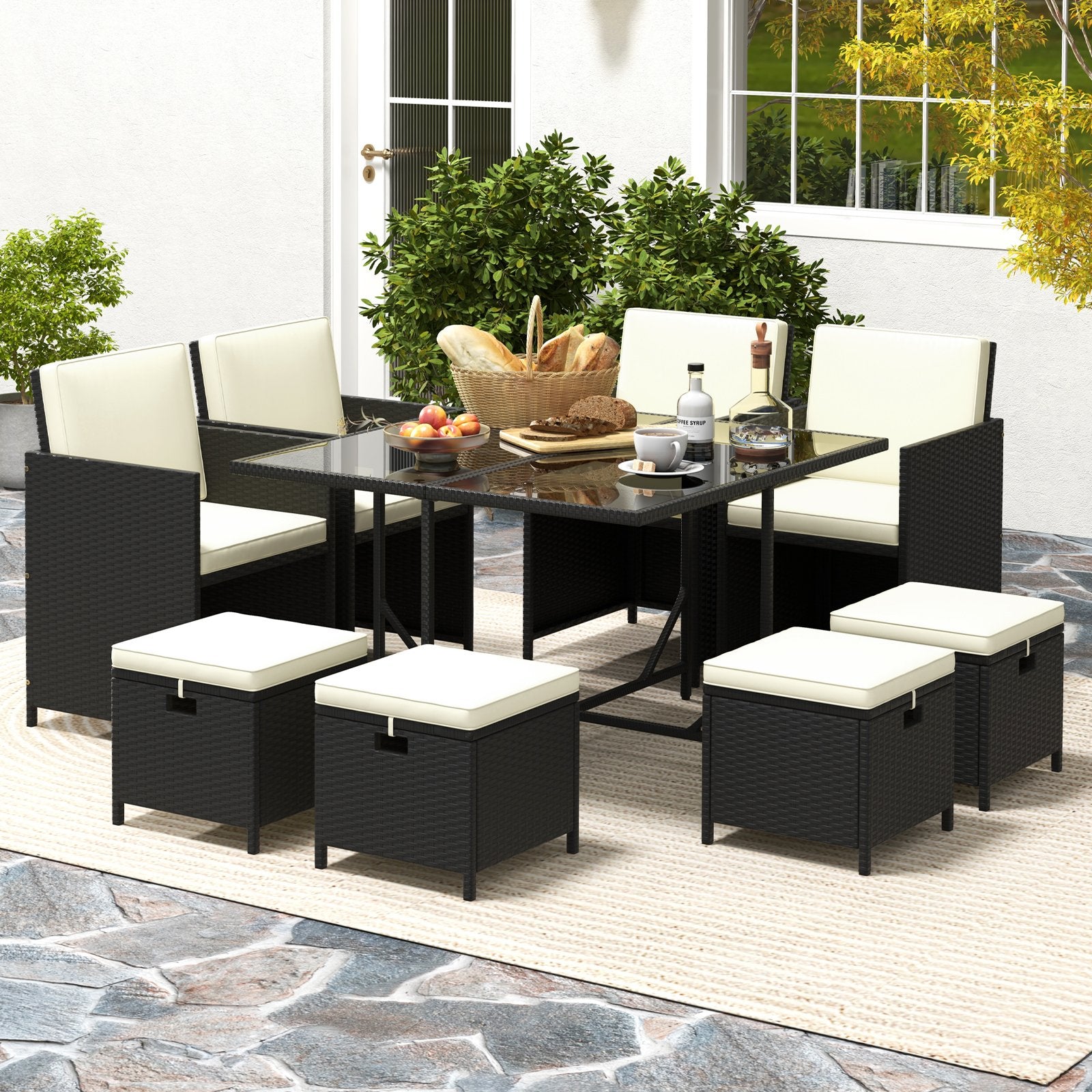 9 PCS Outdoor Dining Furniture Set with Tempered Glass Table and Ottomans, White Patio Dining Sets   at Gallery Canada