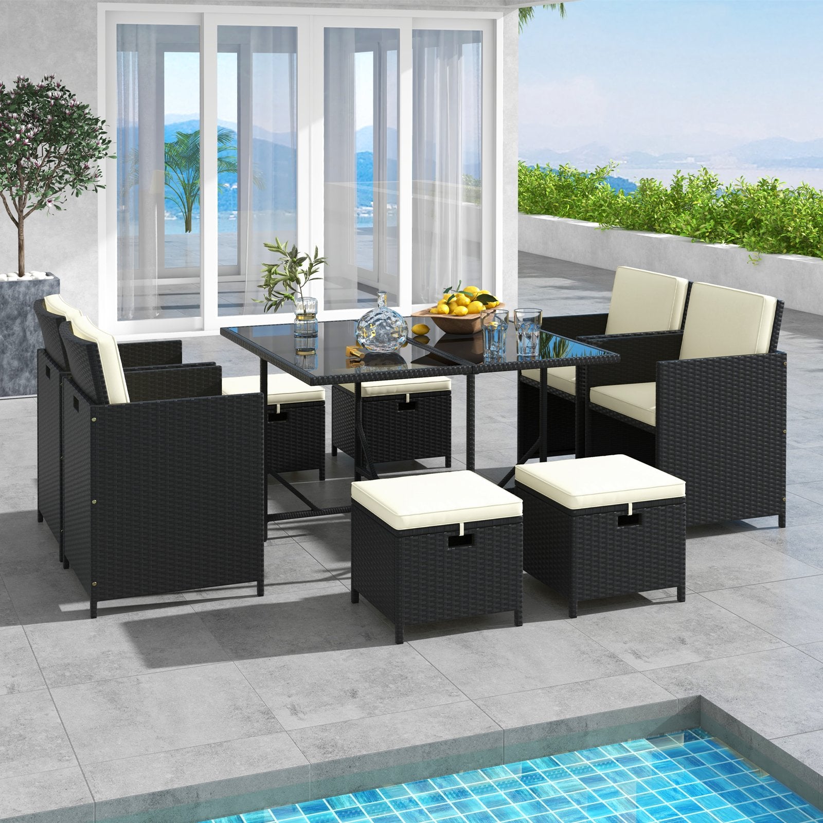 9 PCS Outdoor Dining Furniture Set with Tempered Glass Table and Ottomans, White Patio Dining Sets   at Gallery Canada