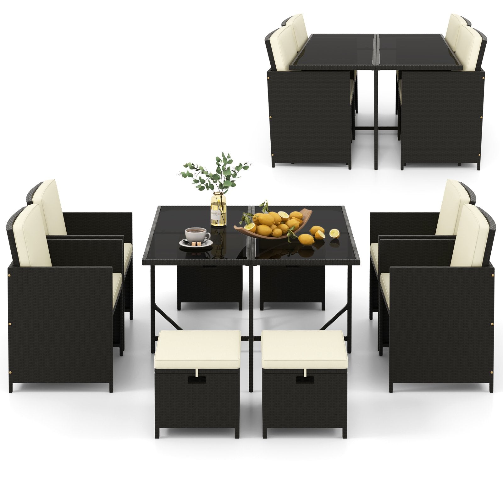 9 PCS Outdoor Dining Furniture Set with Tempered Glass Table and Ottomans, White Patio Dining Sets   at Gallery Canada