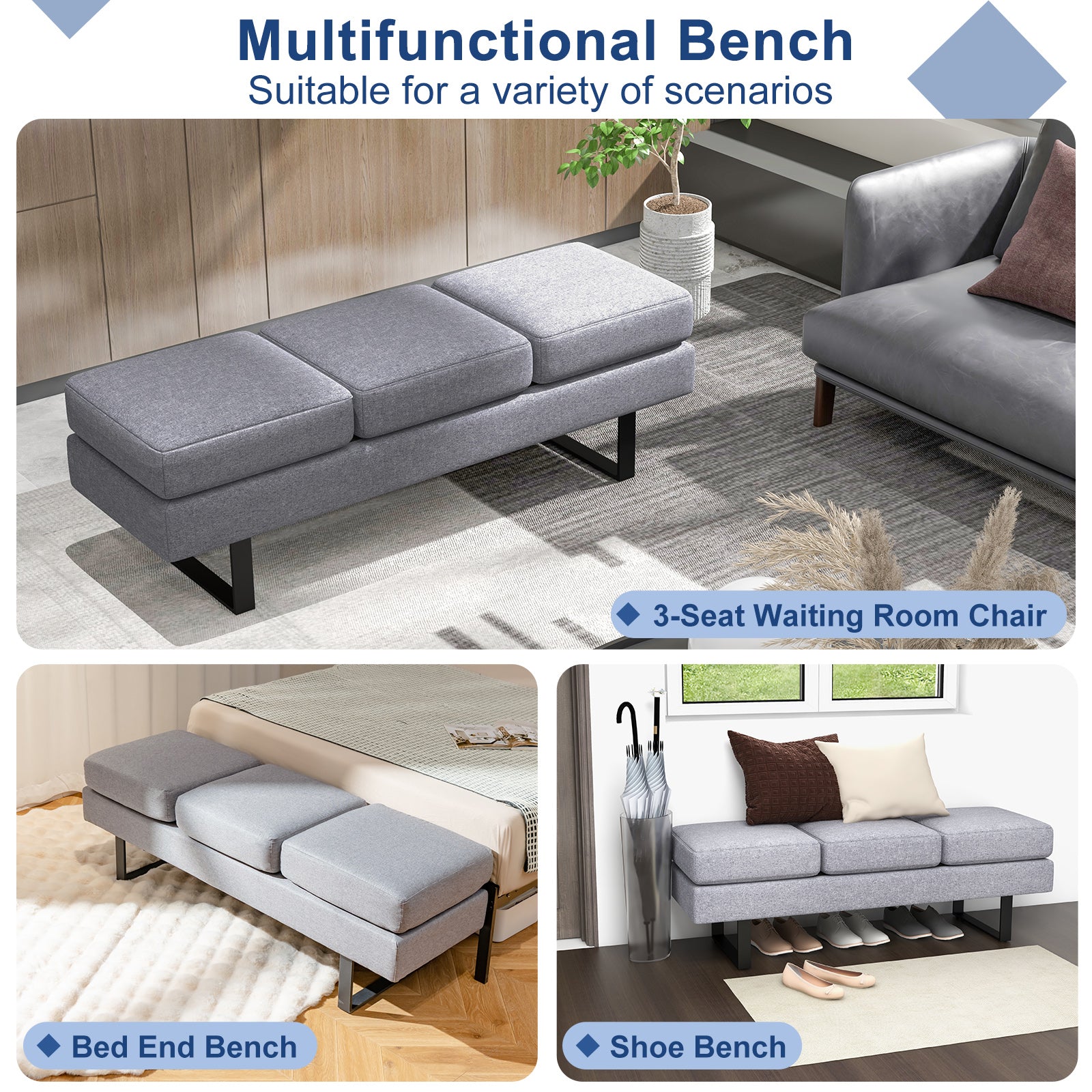 Waiting Room Bench Seating Long Bench with Metal Frame Leg, Gray Shoe Racks & Storage Benches at Gallery Canada