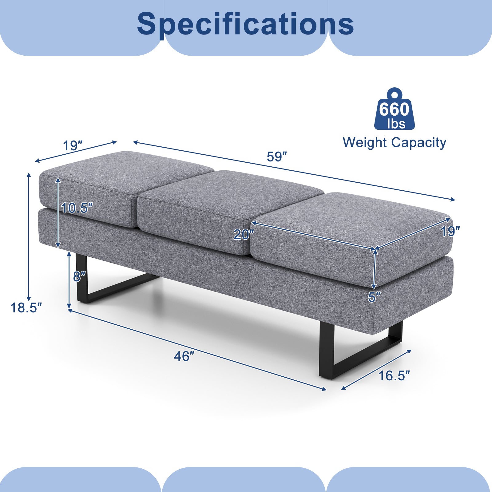 Waiting Room Bench Seating Long Bench with Metal Frame Leg, Gray Shoe Racks & Storage Benches at Gallery Canada