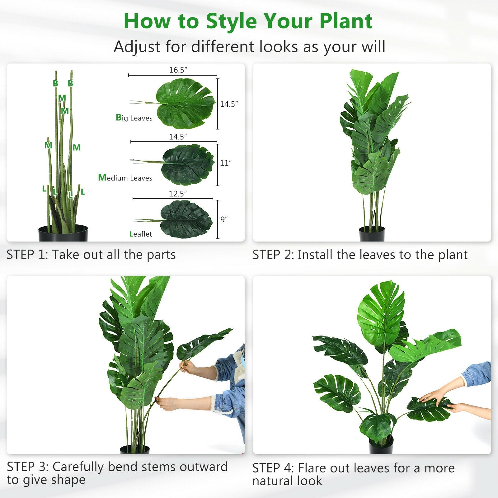 4 Feet Artificial Monstera Deliciosa Tree with 10 Leaves of Different Sizes, Green Faux Plants at Gallery Canada