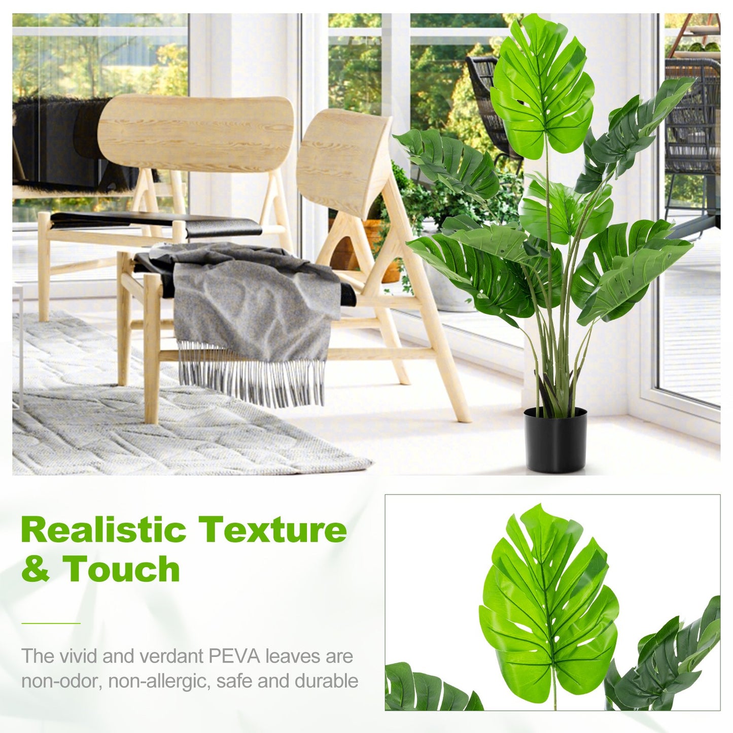 4 Feet Artificial Monstera Deliciosa Tree with 10 Leaves of Different Sizes, Green - Gallery Canada