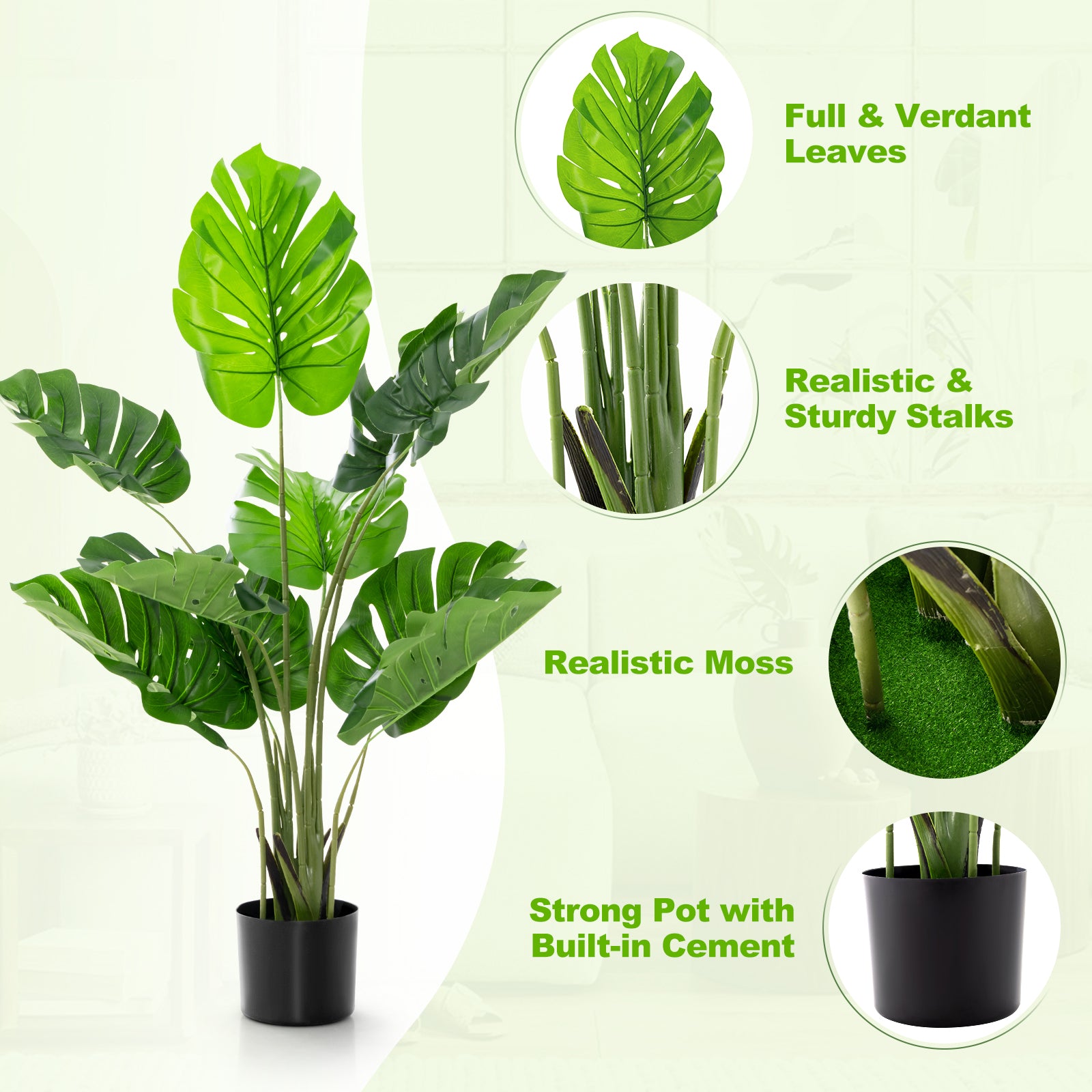 4 Feet Artificial Monstera Deliciosa Tree with 10 Leaves of Different Sizes, Green Faux Plants at Gallery Canada
