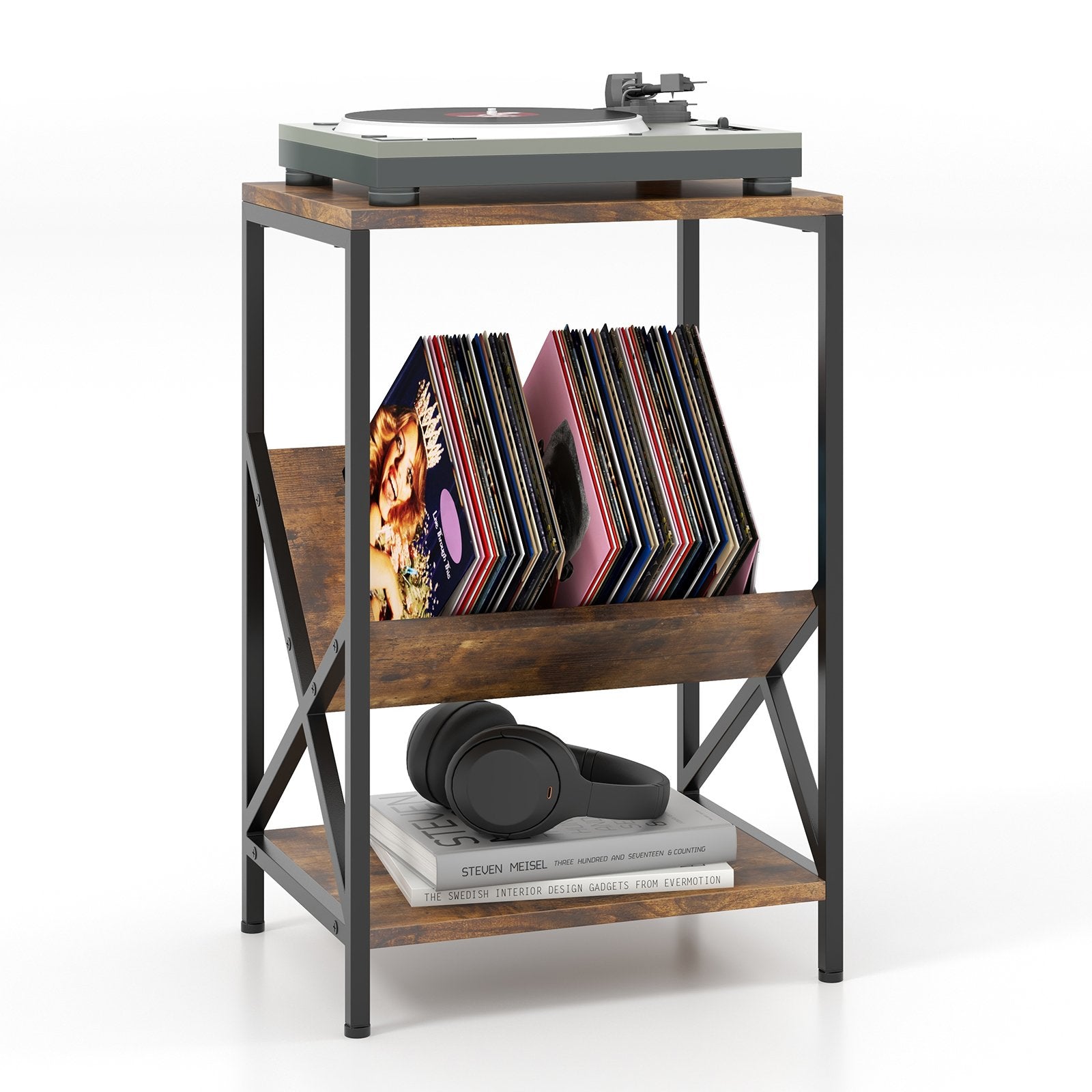 3-Tier Industrial Side Table with V-shaped Bookshelf for Living Room, Rustic Brown End & Side Tables   at Gallery Canada