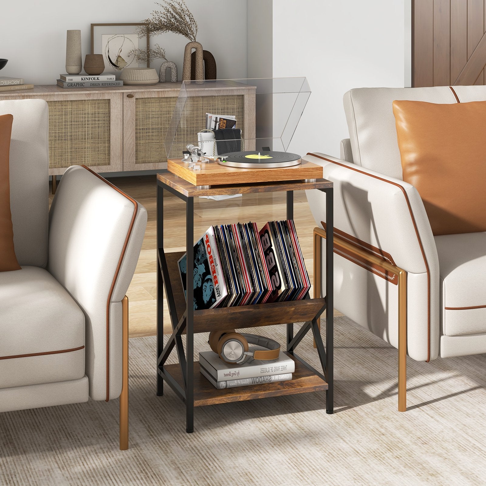 3-Tier Industrial Side Table with V-shaped Bookshelf for Living Room, Rustic Brown End & Side Tables   at Gallery Canada