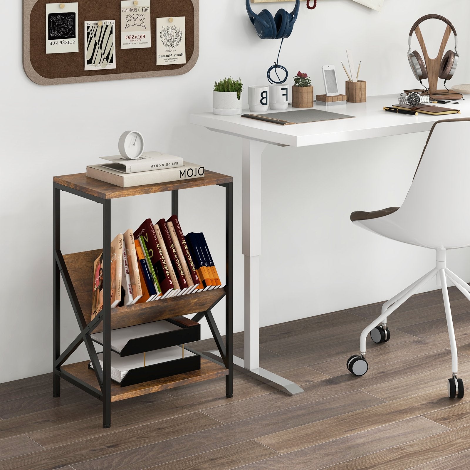 3-Tier Industrial Side Table with V-shaped Bookshelf for Living Room, Rustic Brown End & Side Tables   at Gallery Canada