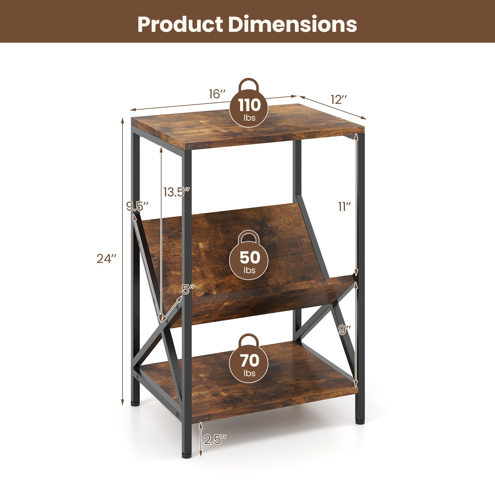 3-Tier Industrial Side Table with V-shaped Bookshelf for Living Room, Rustic Brown End & Side Tables   at Gallery Canada