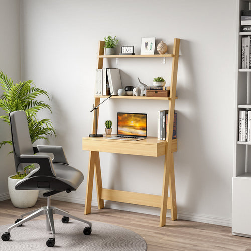 Ladder Shelf Desk Bookcase with Countertop  Drawer and 2 Shelves, Natural