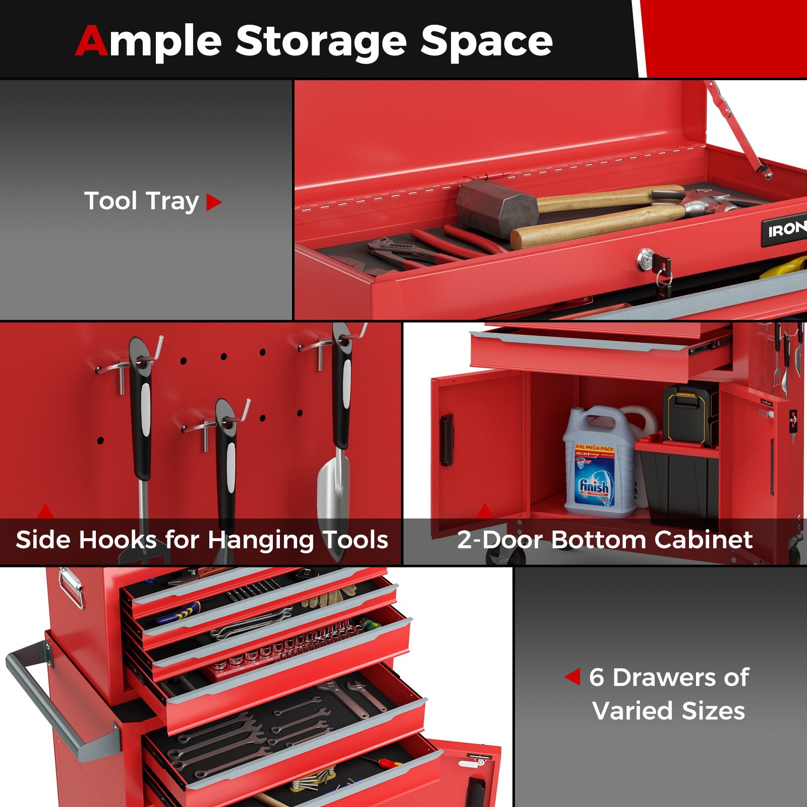 6-Drawer Rolling Tool Storage Chest Cabinet with Universal Wheels and Hooks, Red Garages   at Gallery Canada