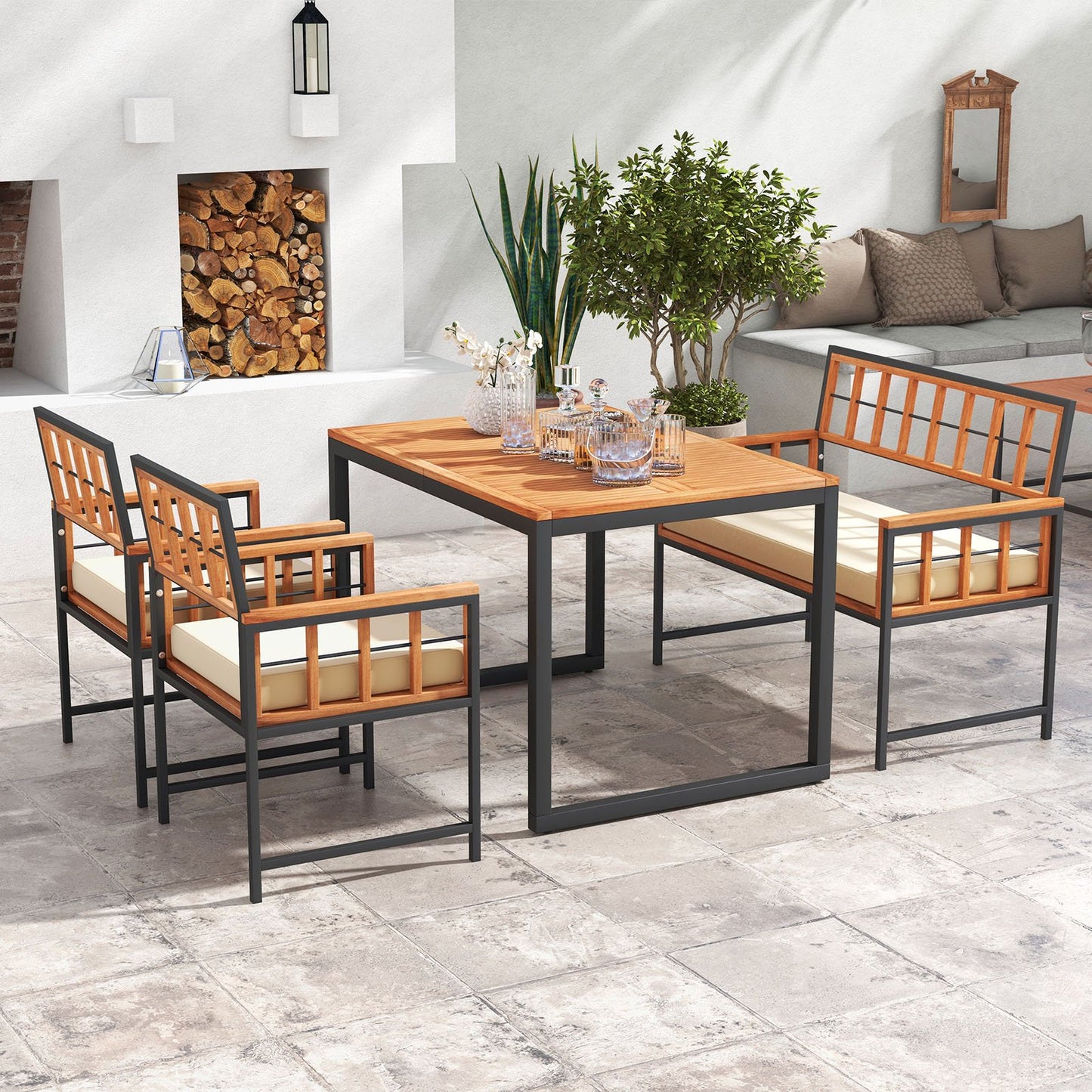 4 Pieces Acacia Wood Patio Dining Set with 1 Rectangular Table, Natural Patio Dining Sets   at Gallery Canada