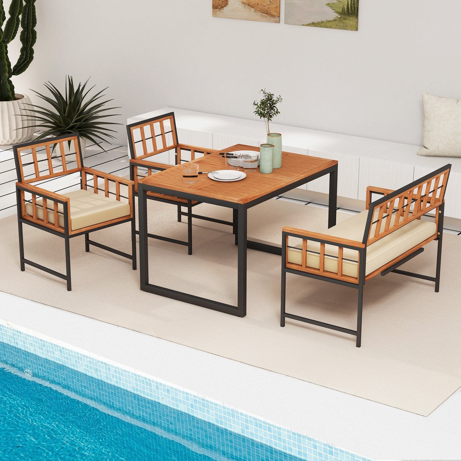 4 Pieces Acacia Wood Patio Dining Set with 1 Rectangular Table, Natural Patio Dining Sets   at Gallery Canada