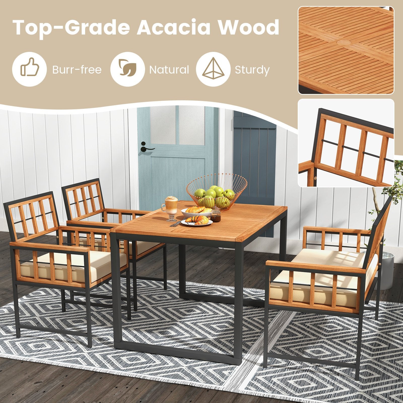 4 Pieces Acacia Wood Patio Dining Set with 1 Rectangular Table, Natural Patio Dining Sets   at Gallery Canada