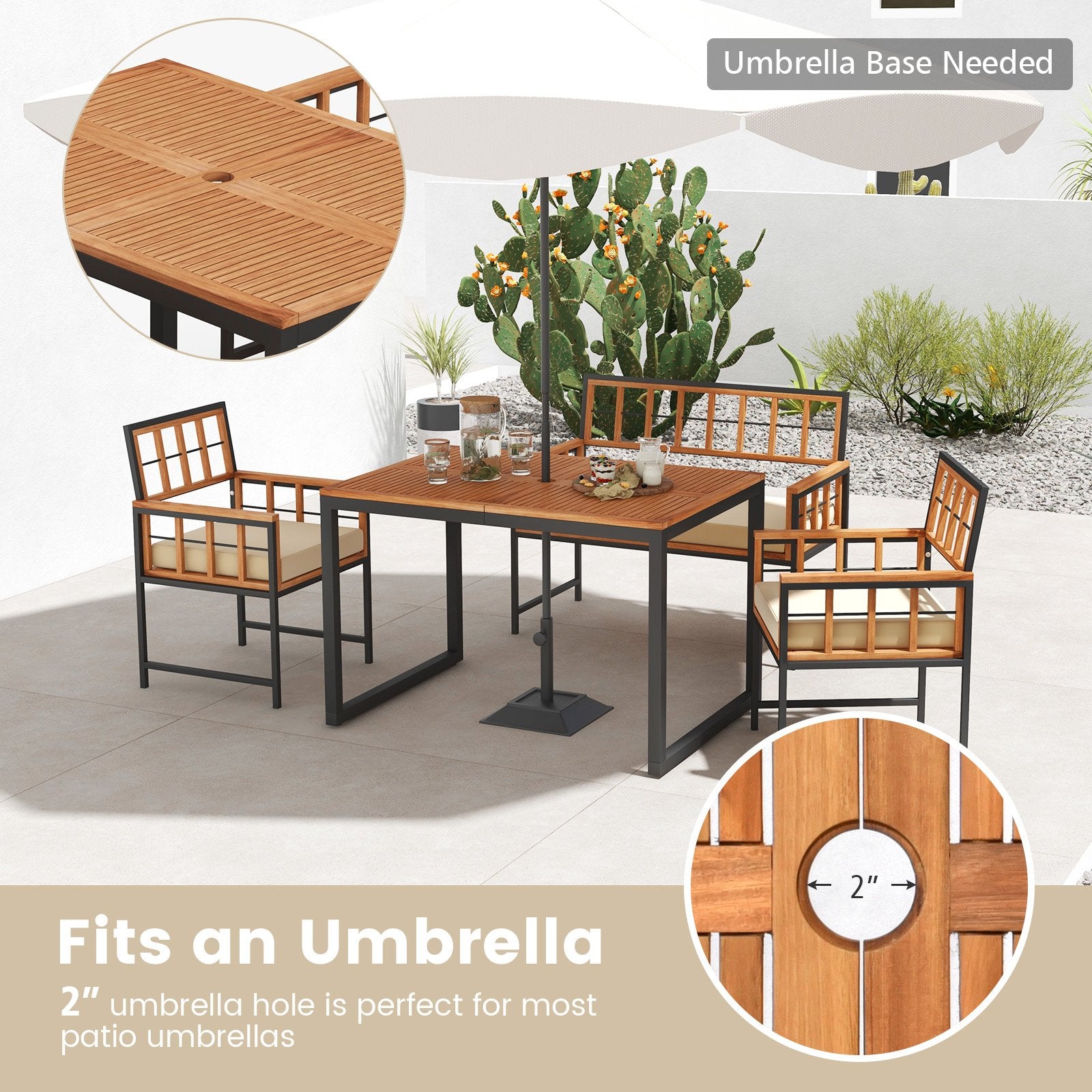 4 Pieces Acacia Wood Patio Dining Set with 1 Rectangular Table, Natural Patio Dining Sets   at Gallery Canada