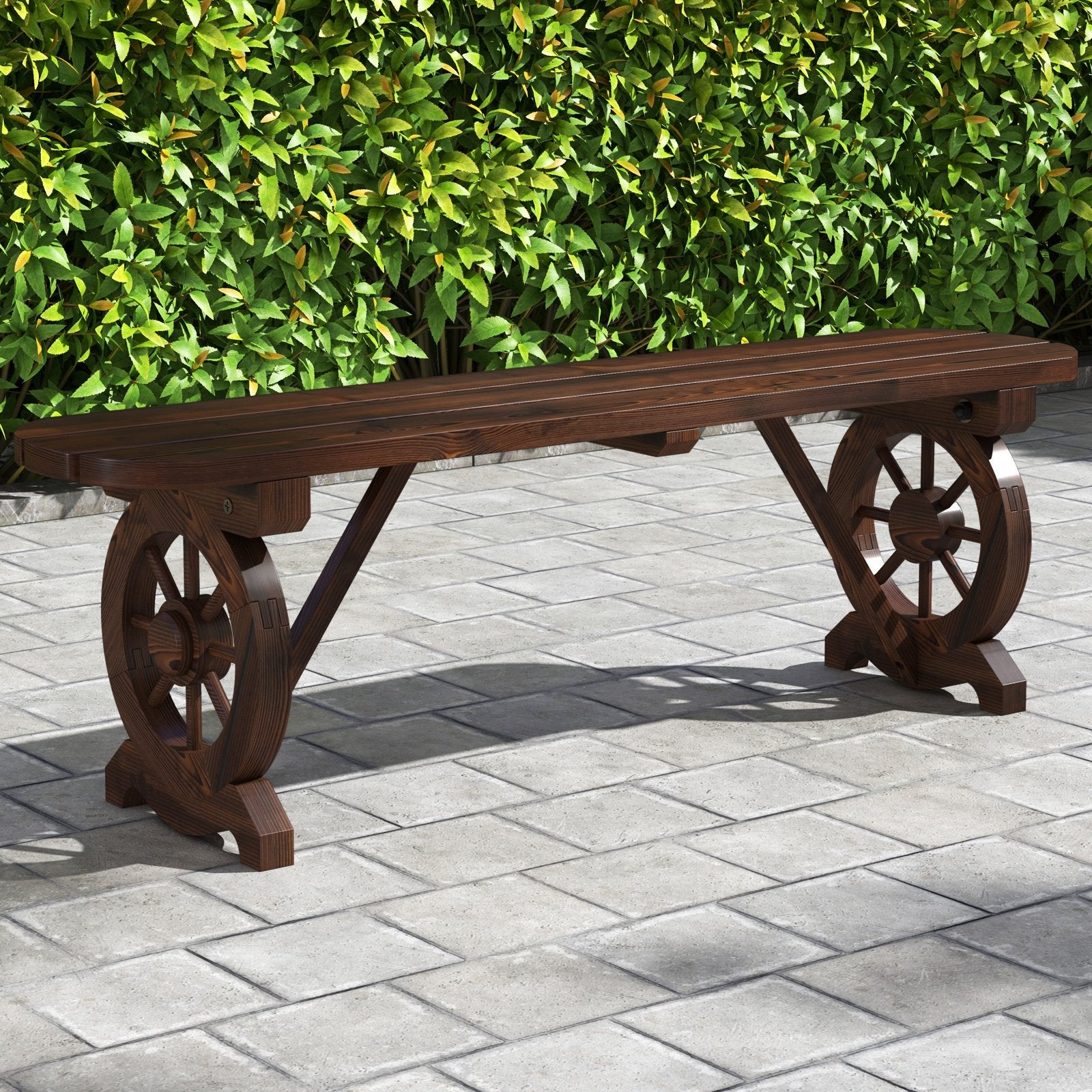 Patio Rustic Wood Bench with Wagon Wheel Base, Rustic Brown Outdoor Benches   at Gallery Canada