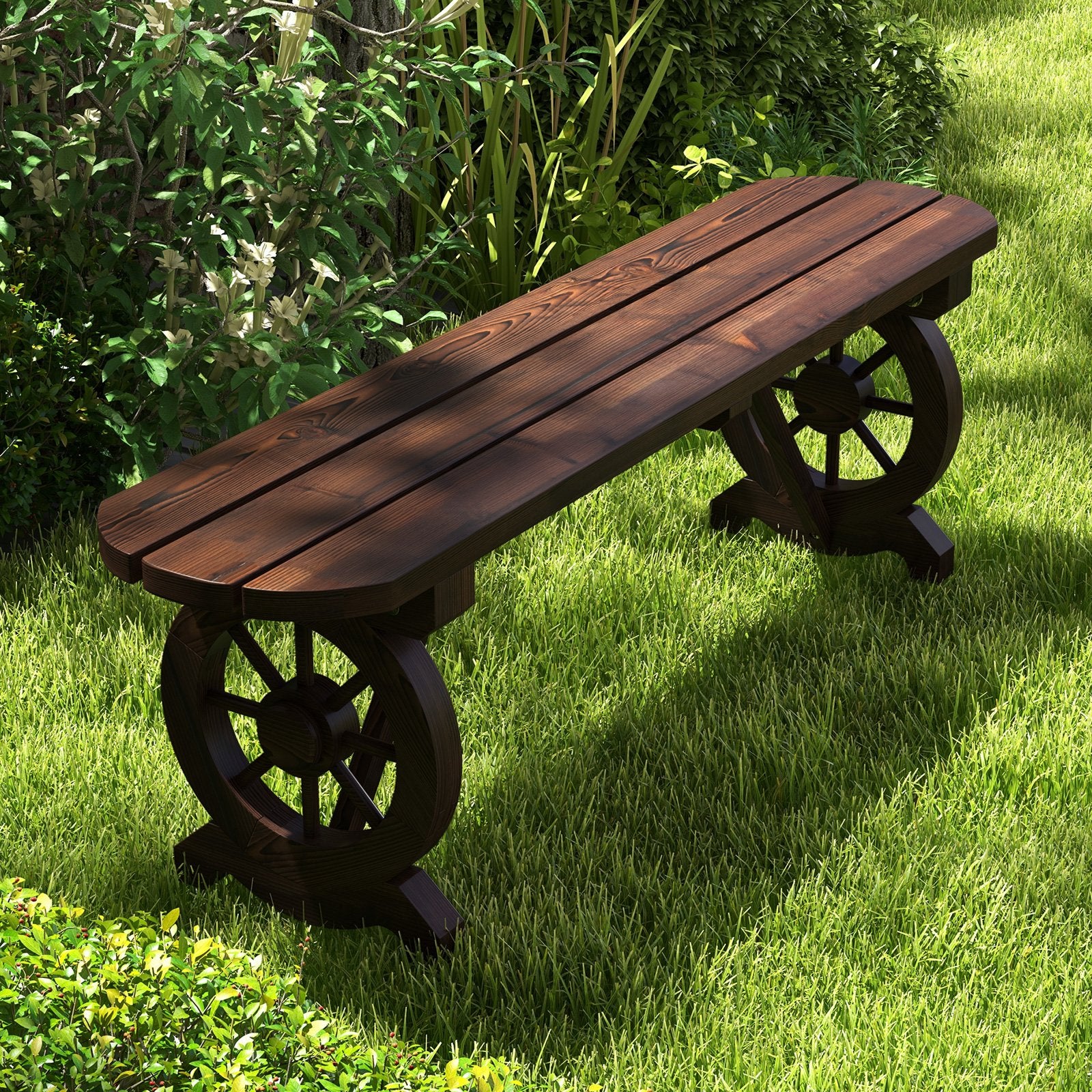 Patio Rustic Wood Bench with Wagon Wheel Base, Rustic Brown Outdoor Benches   at Gallery Canada