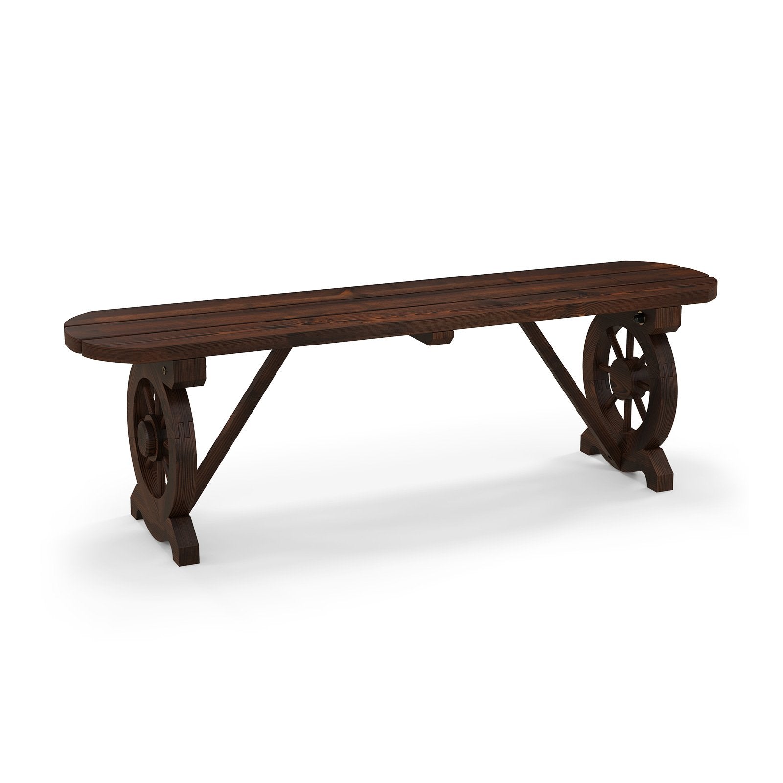 Patio Rustic Wood Bench with Wagon Wheel Base, Rustic Brown Outdoor Benches   at Gallery Canada