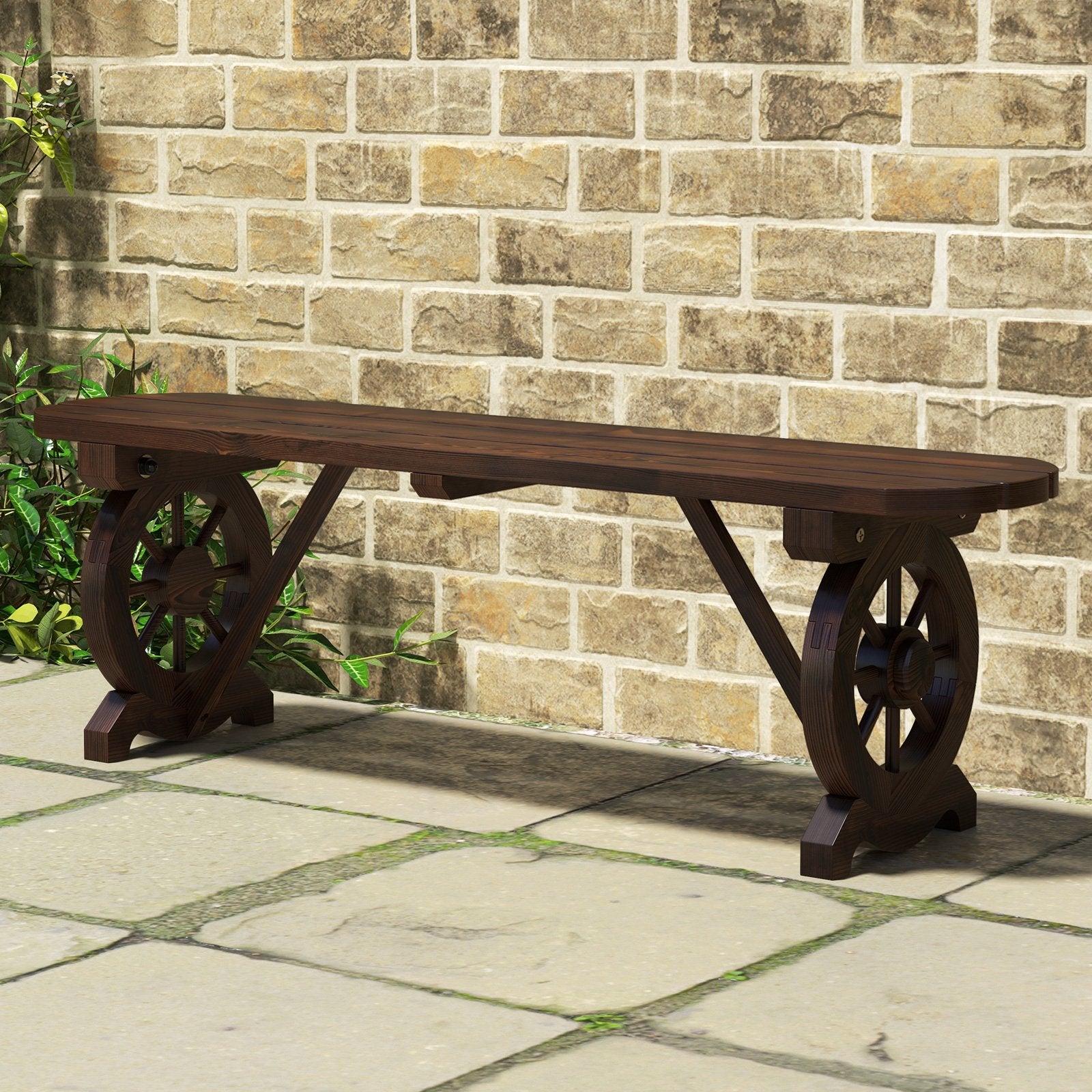 Patio Rustic Wood Bench with Wagon Wheel Base, Rustic Brown Outdoor Benches   at Gallery Canada