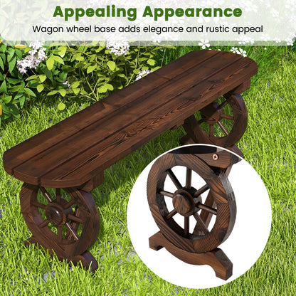 Patio Rustic Wood Bench with Wagon Wheel Base, Rustic Brown Outdoor Benches   at Gallery Canada