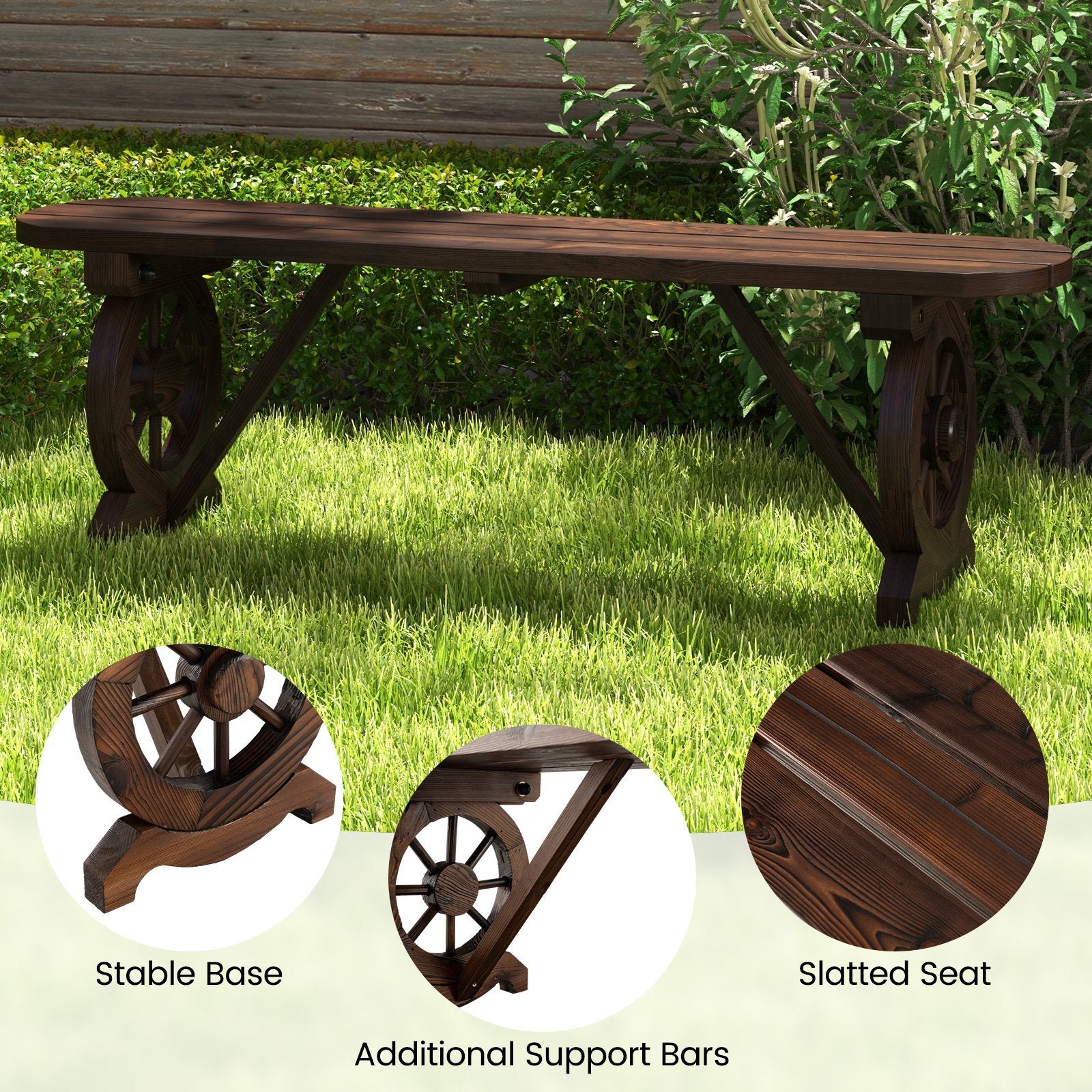 Patio Rustic Wood Bench with Wagon Wheel Base, Rustic Brown Outdoor Benches   at Gallery Canada