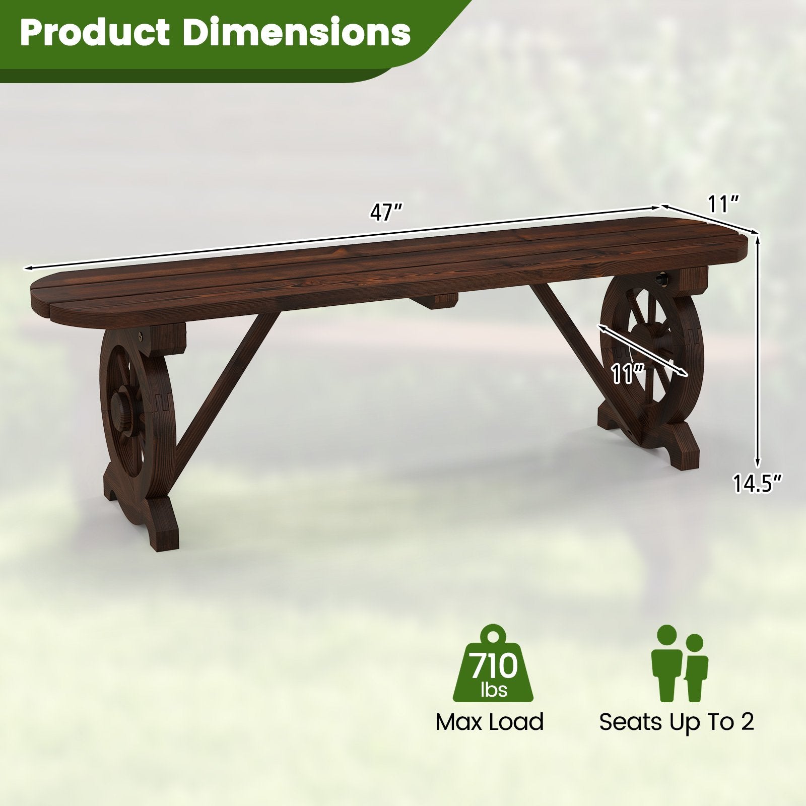 Patio Rustic Wood Bench with Wagon Wheel Base, Rustic Brown Outdoor Benches   at Gallery Canada