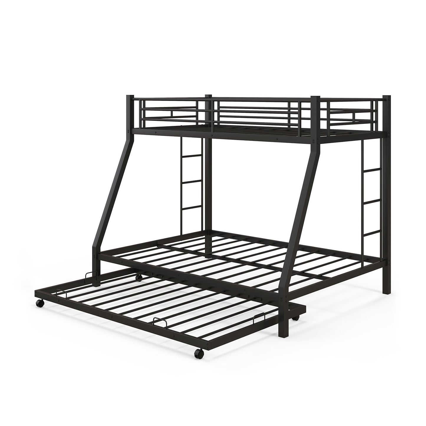 Twin Over Full Bunk Bed Frame with Trundle for Guest Room, Black Bunk Bed Frame   at Gallery Canada